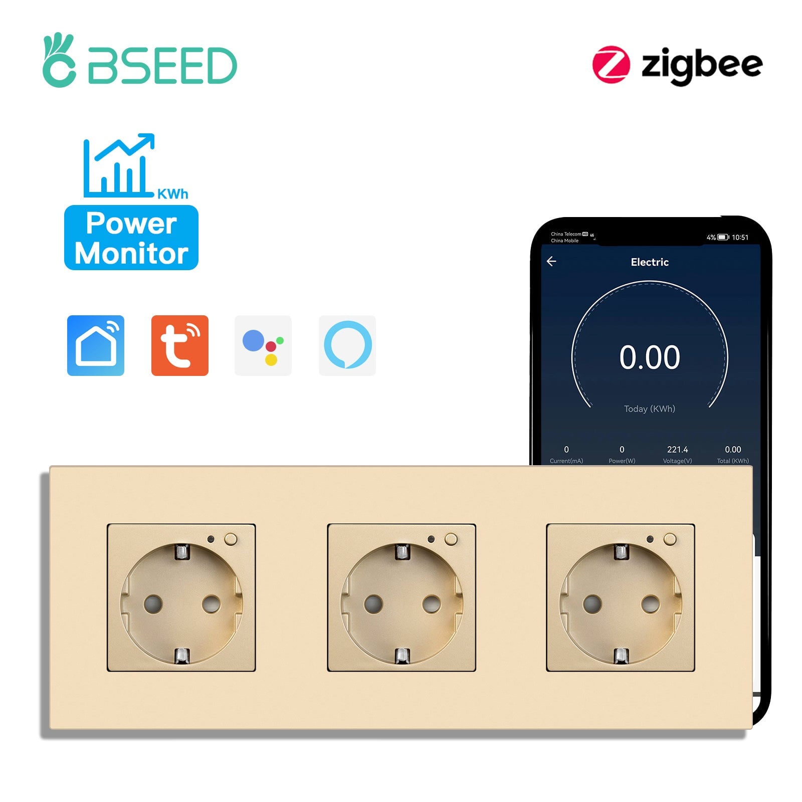 BSEED ZigBee EU Wall Sockets With Energy Monitoring PC Panel with Kids Protection Wall Plates & Covers Bseedswitch golden Triple 