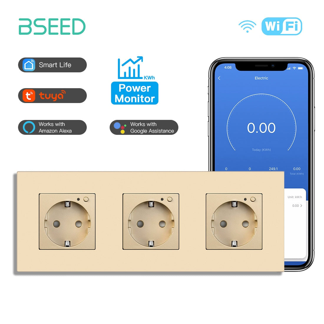 Bseed Wifi EU Wall Sockets With Energy Monitoring PC Panel Power Outlets & Sockets Bseedswitch Golden Triple 