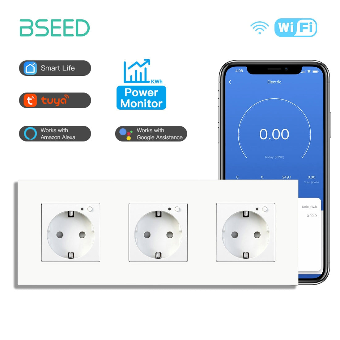 Bseed Wifi EU Wall Sockets With Energy Monitoring PC Panel Power Outlets & Sockets Bseedswitch White Triple 