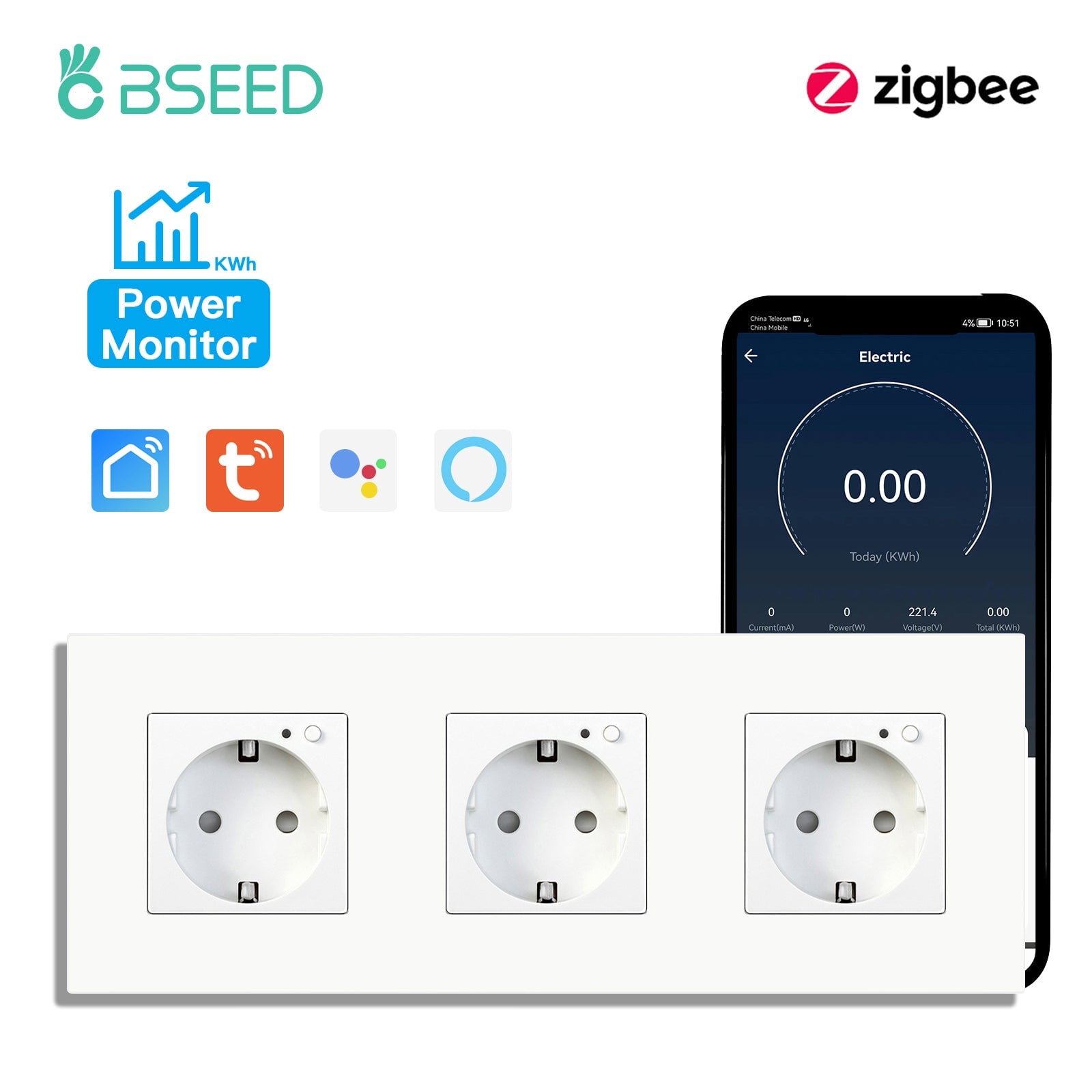 BSEED ZigBee EU Wall Sockets With Energy Monitoring PC Panel with Kids Protection Wall Plates & Covers Bseedswitch white Triple 