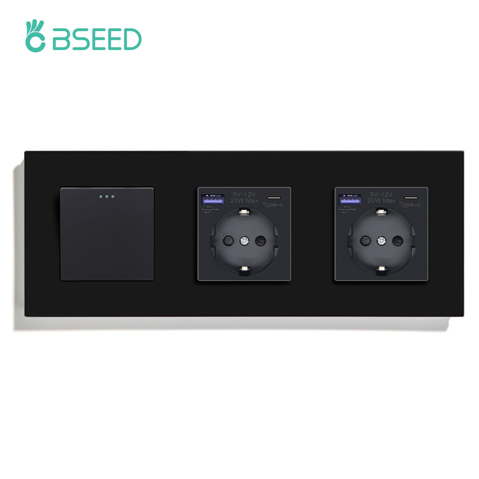 BSEED 1/2/3 Gang 1/2 Way Light Switch With Normal Eu Socket With fast charge USB-c Power Outlets & Sockets Bseedswitch Black 1Gang 1Way