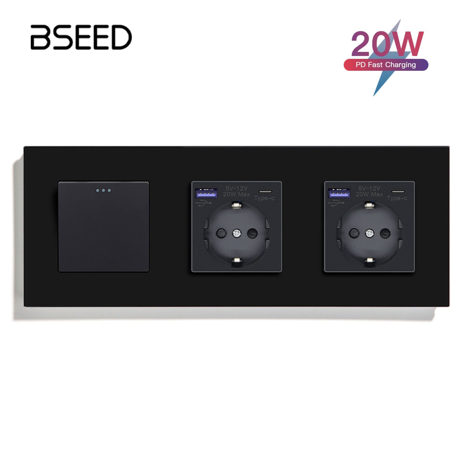 BSEED Light Switch With Normal Eu Socket With fast charge USB-c Power Outlets & Sockets Bseedswitch Black 1Gang 1Way