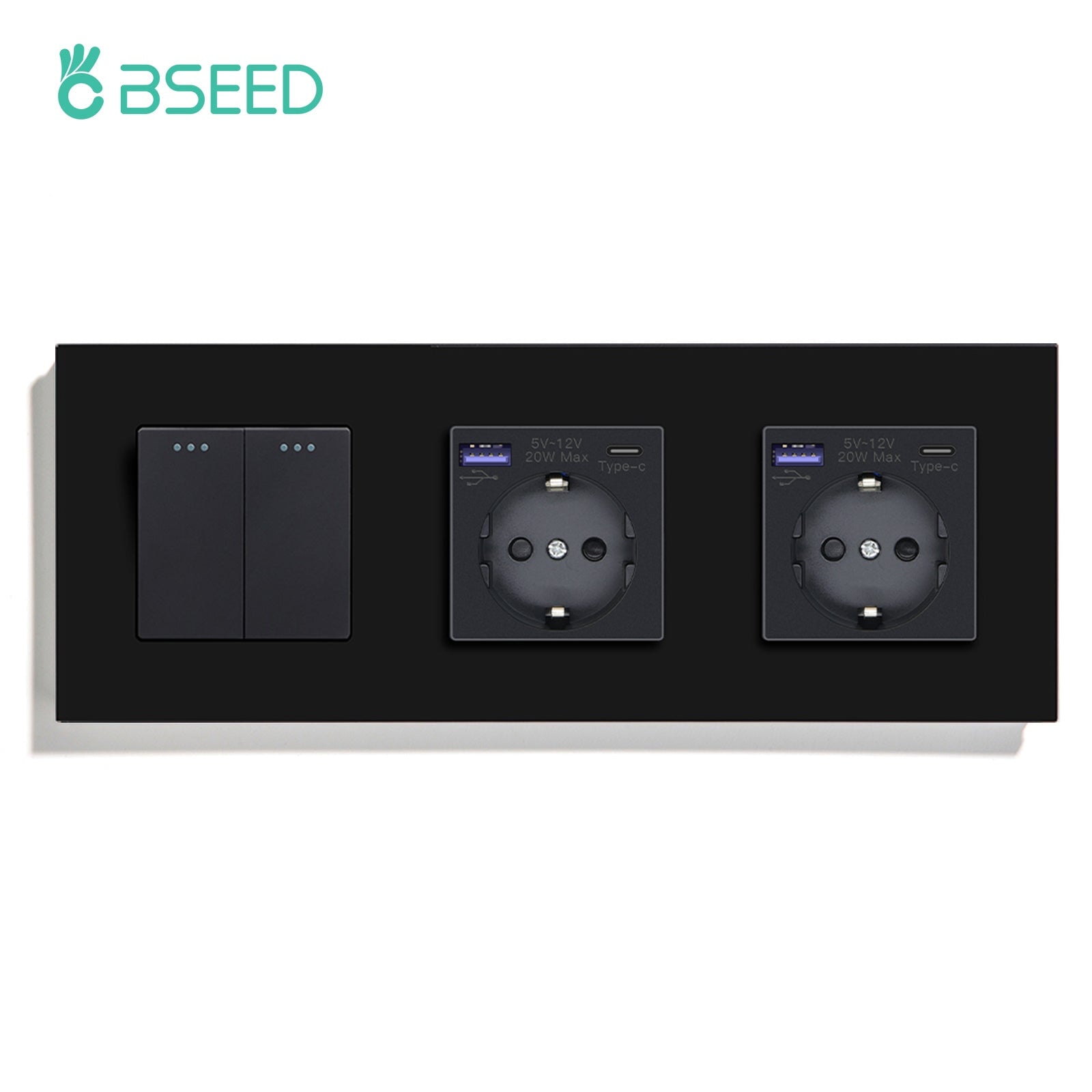 BSEED 1/2/3 Gang 1/2 Way Light Switch With Normal Eu Socket With fast charge USB-c Power Outlets & Sockets Bseedswitch Black 2Gang 1Way