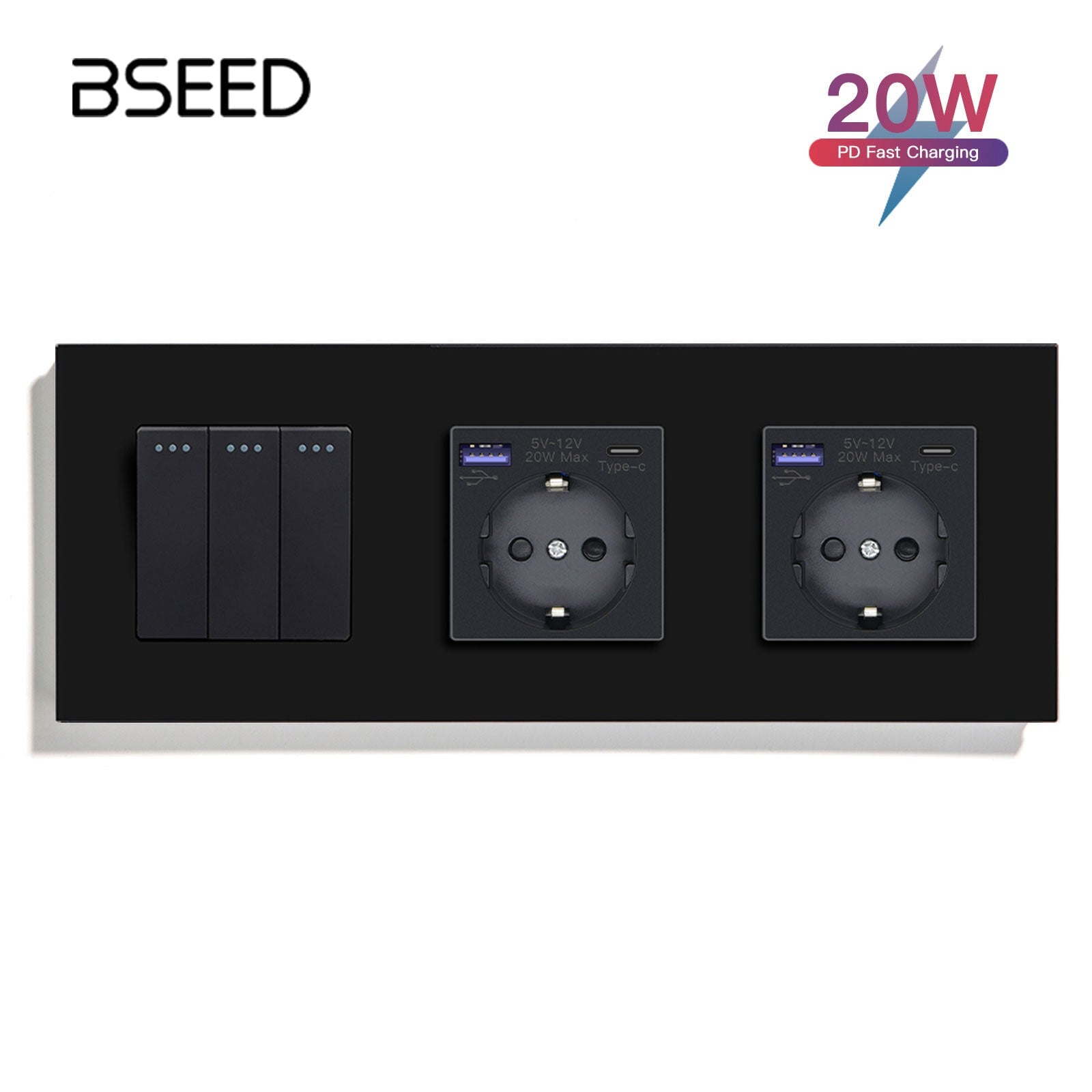 BSEED Light Switch With Normal Eu Socket With fast charge USB-c Power Outlets & Sockets Bseedswitch Black 3Gang 1Way