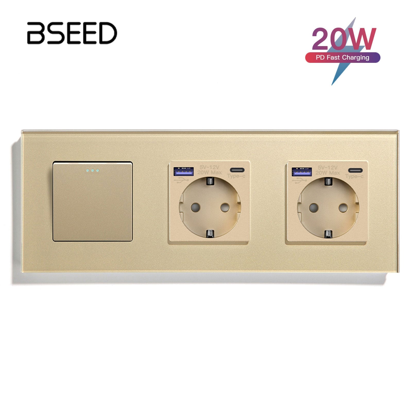 BSEED Light Switch With Normal Eu Socket With fast charge USB-c Power Outlets & Sockets Bseedswitch Golden 1Gang 1Way