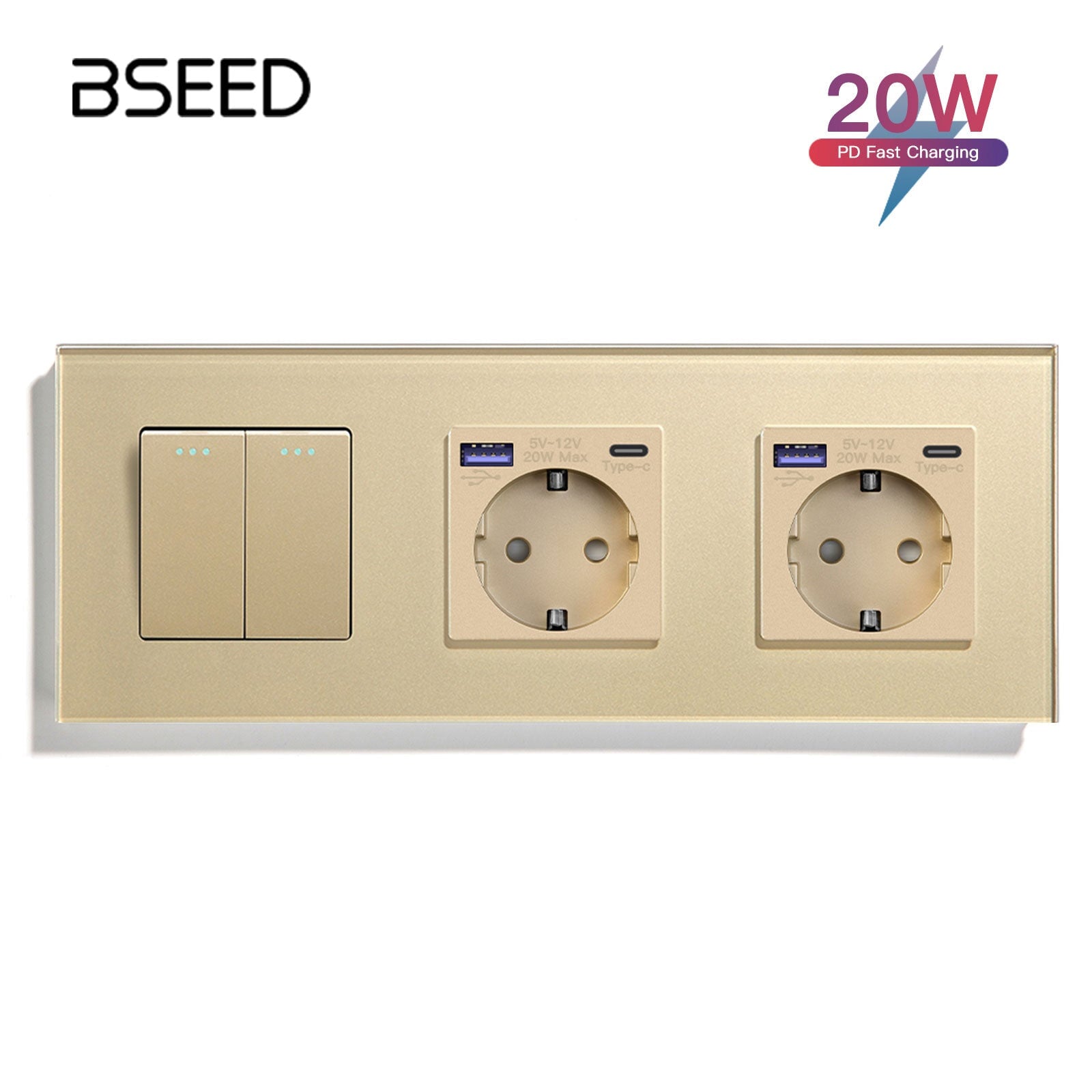 BSEED Light Switch With Normal Eu Socket With fast charge USB-c Power Outlets & Sockets Bseedswitch Golden 2Gang 1Way