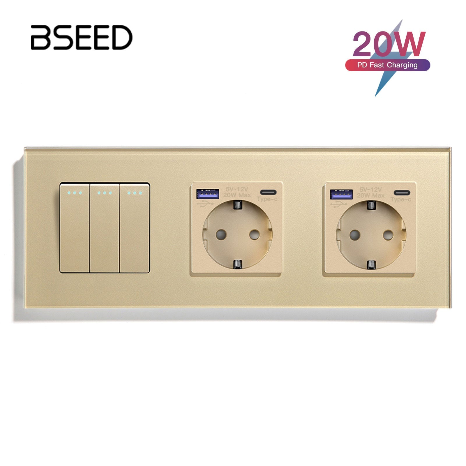 BSEED Light Switch With Normal Eu Socket With fast charge USB-c Power Outlets & Sockets Bseedswitch Golden 3Gang 1Way