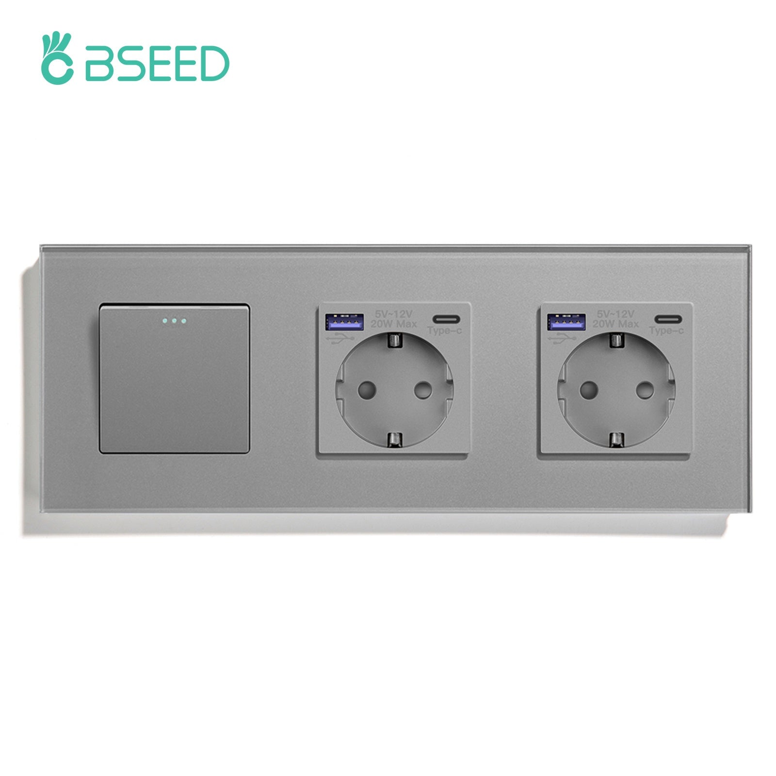 BSEED 1/2/3 Gang 1/2 Way Light Switch With Normal Eu Socket With fast charge USB-c Power Outlets & Sockets Bseedswitch Grey 1Gang 1Way