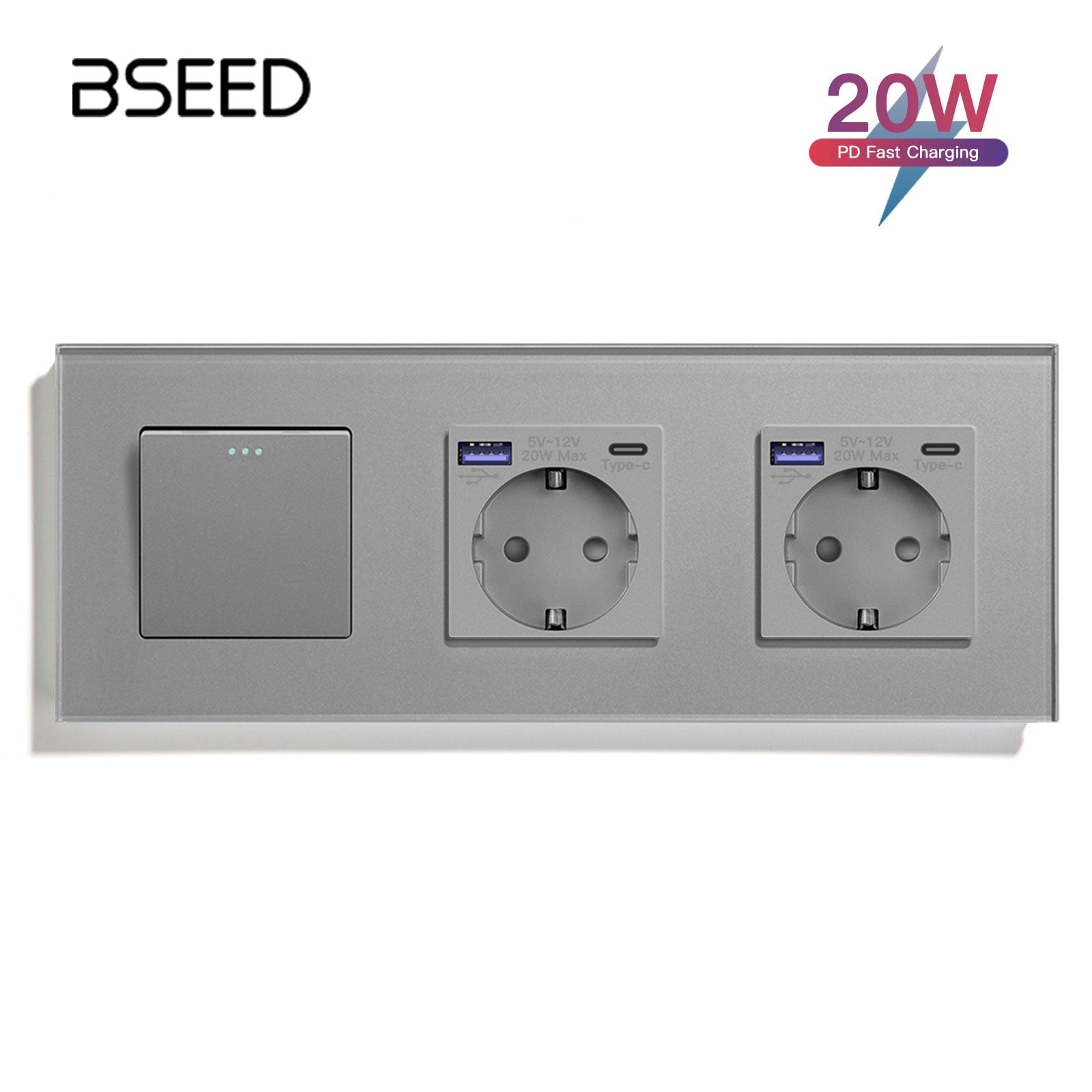 BSEED Light Switch With Normal Eu Socket With fast charge USB-c Power Outlets & Sockets Bseedswitch Grey 1Gang 1Way