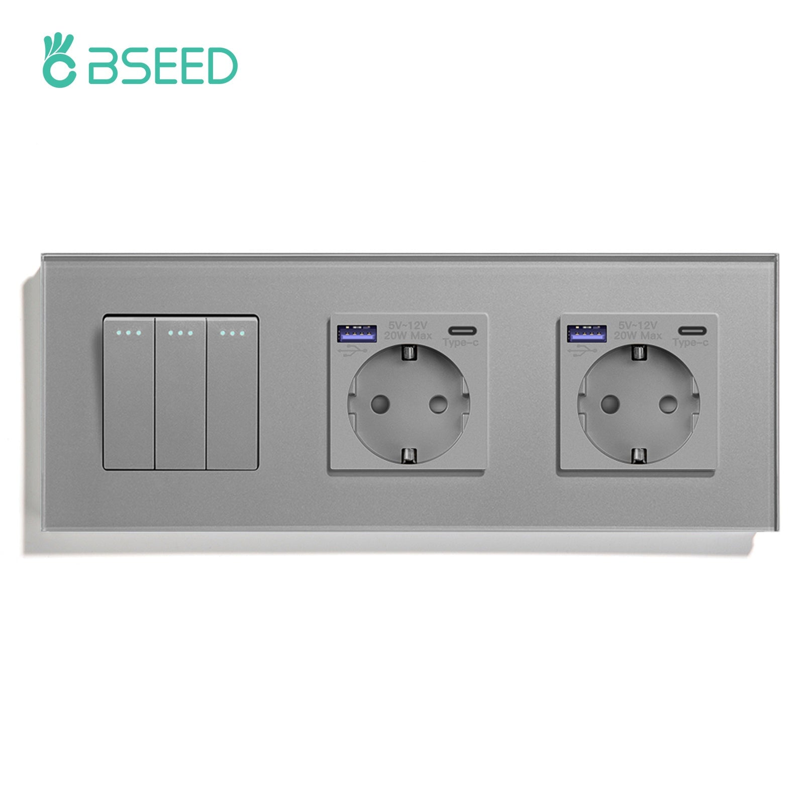 BSEED 1/2/3 Gang 1/2 Way Light Switch With Normal Eu Socket With fast charge USB-c Power Outlets & Sockets Bseedswitch Grey 3Gang 1Way