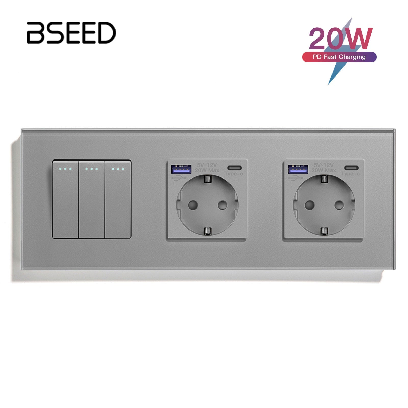 BSEED Light Switch With Normal Eu Socket With fast charge USB-c Power Outlets & Sockets Bseedswitch Grey 3Gang 1Way