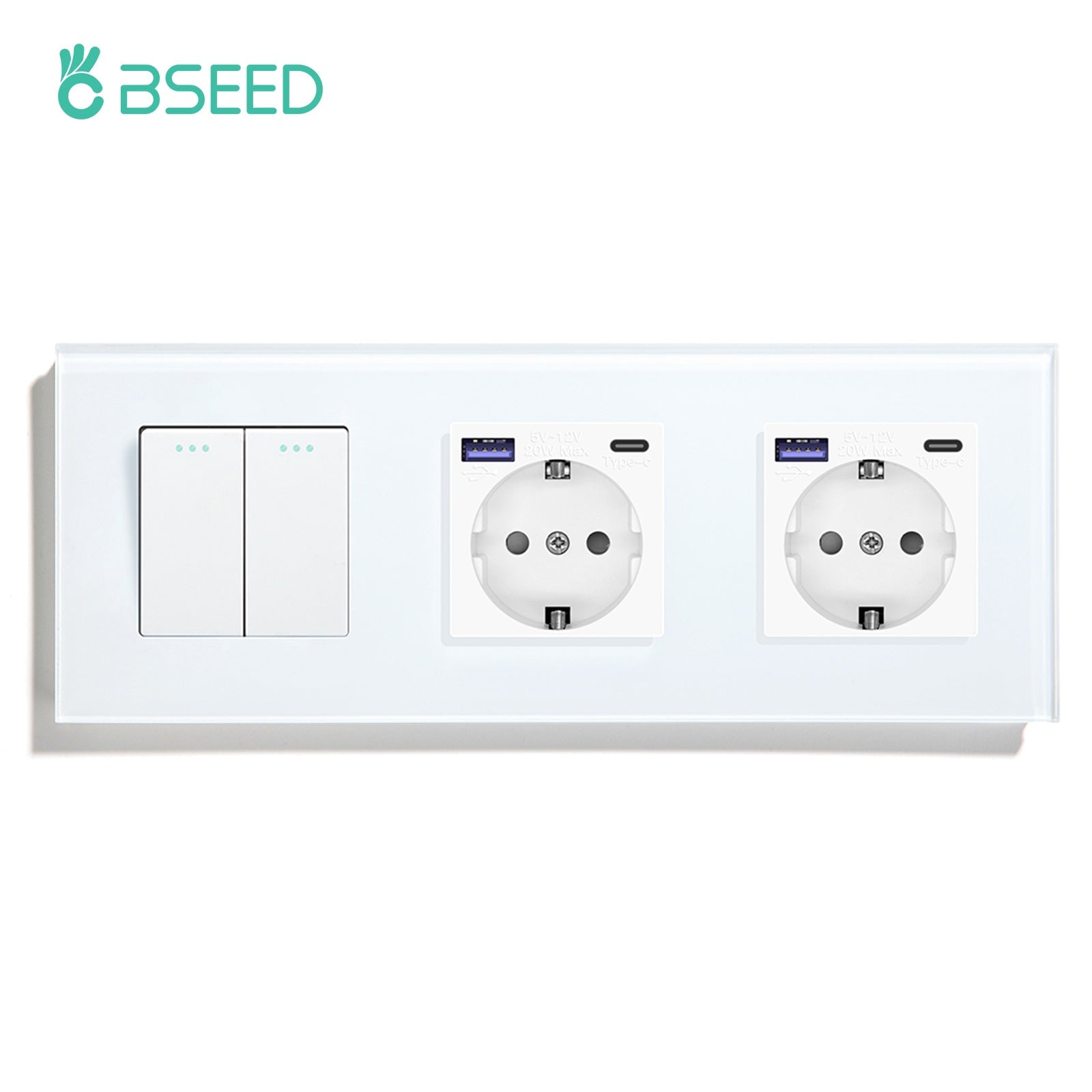 BSEED 1/2/3 Gang 1/2 Way Light Switch With Normal Eu Socket With fast charge USB-c Power Outlets & Sockets Bseedswitch White 2Gang 1Way