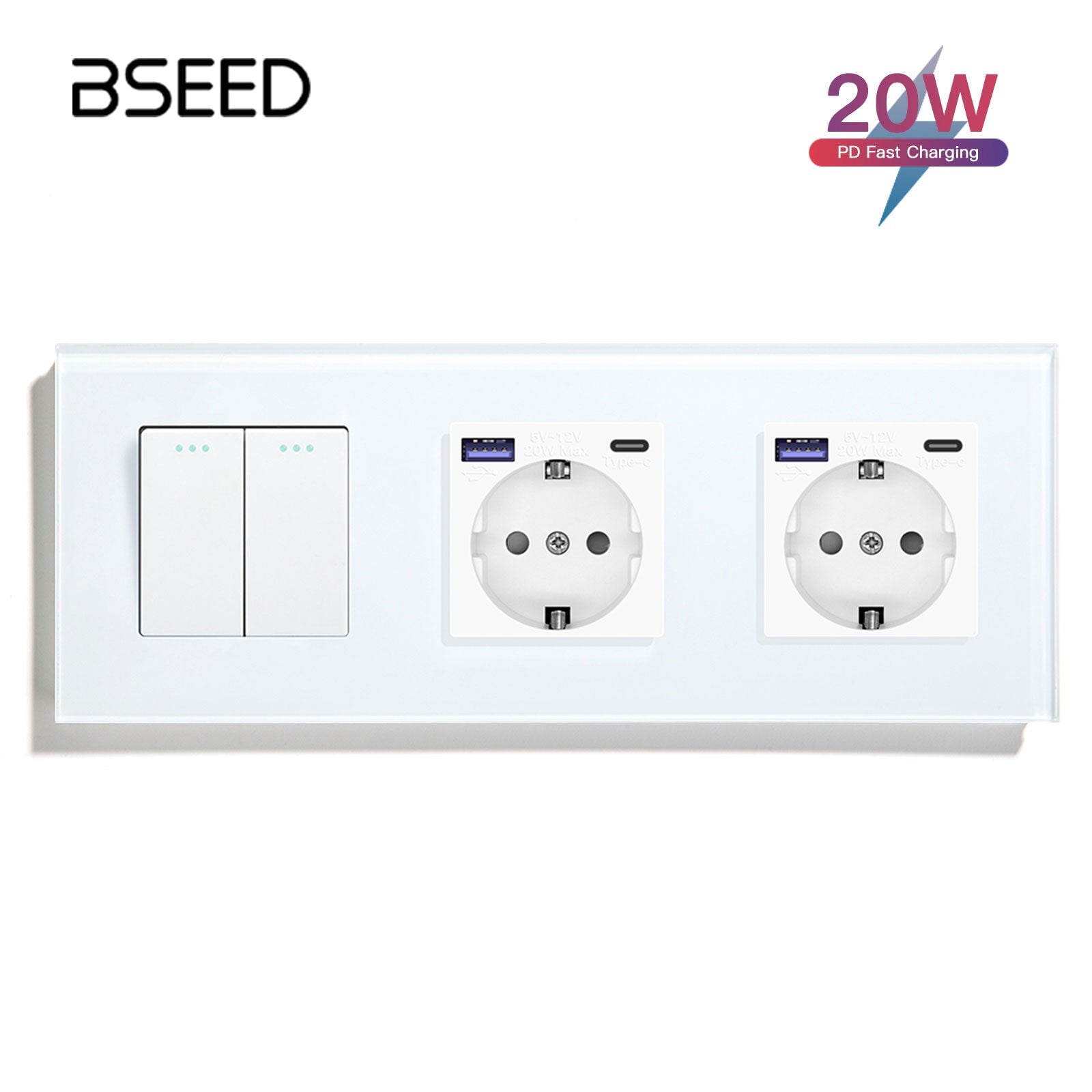 BSEED Light Switch With Normal Eu Socket With fast charge USB-c Power Outlets & Sockets Bseedswitch White 2Gang 1Way