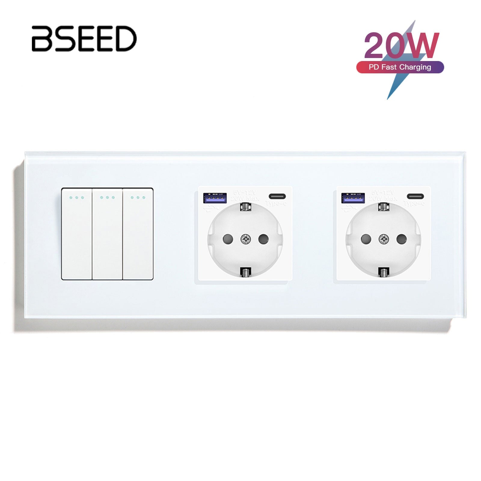 BSEED Light Switch With Normal Eu Socket With fast charge USB-c Power Outlets & Sockets Bseedswitch White 3Gang 1Way