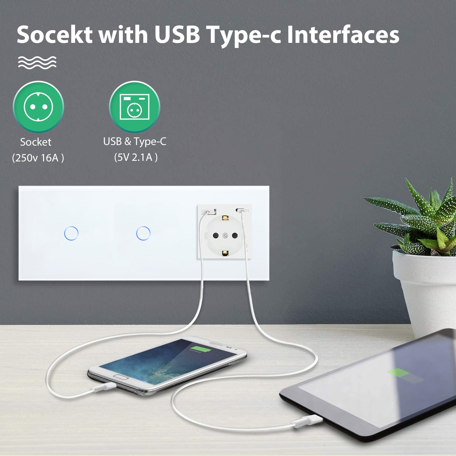 BSEED Double Touch 1/2/3 Gnag 1/2/3 Way Light Switch With EU Socket With Type-C Power Outlets & Sockets Bseedswitch 