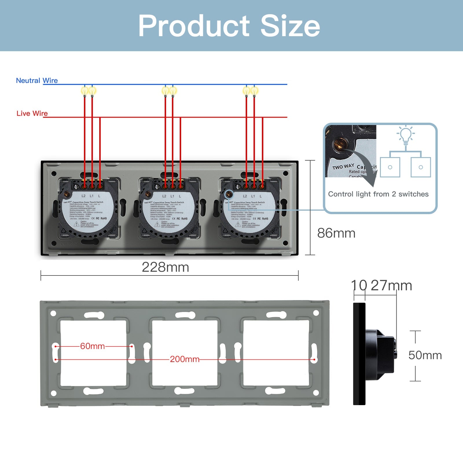 Bseed Triple Touch Switch 1/2/3 Way 228mm 300W Wall Plates & Covers Bseedswitch 