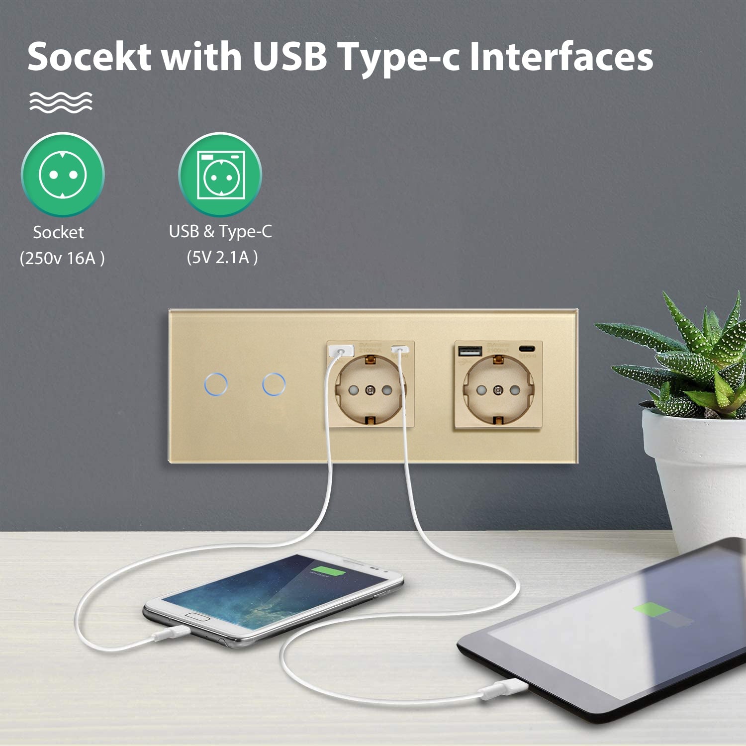 BSEED Touch 1/2/3 Gnag 1/2/3 Way Light Switch With Double EU Socket With Type-C Power Outlets & Sockets Bseedswitch 