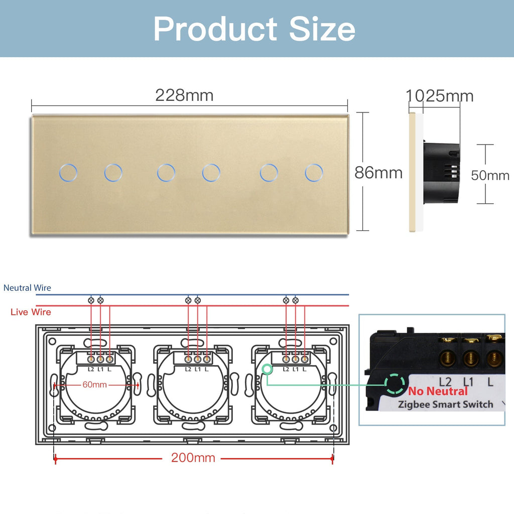 BSEED Tuya No Neutral Line Zigbee Smart Sensor Switch 1/2/3Gang