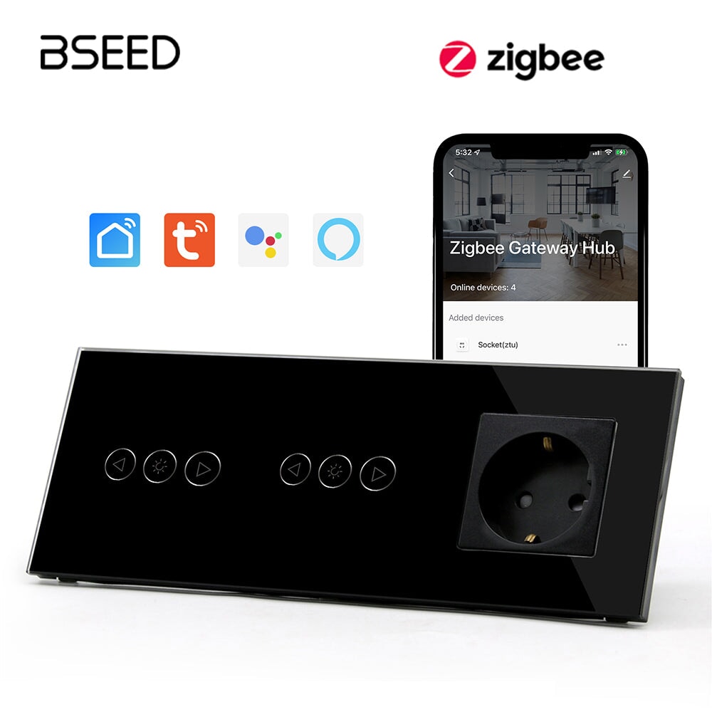 Bseed Double Zigbee Dimmer Switches With EU Standard Not Smart Wall Sockets Light Switches Bseedswitch Black 