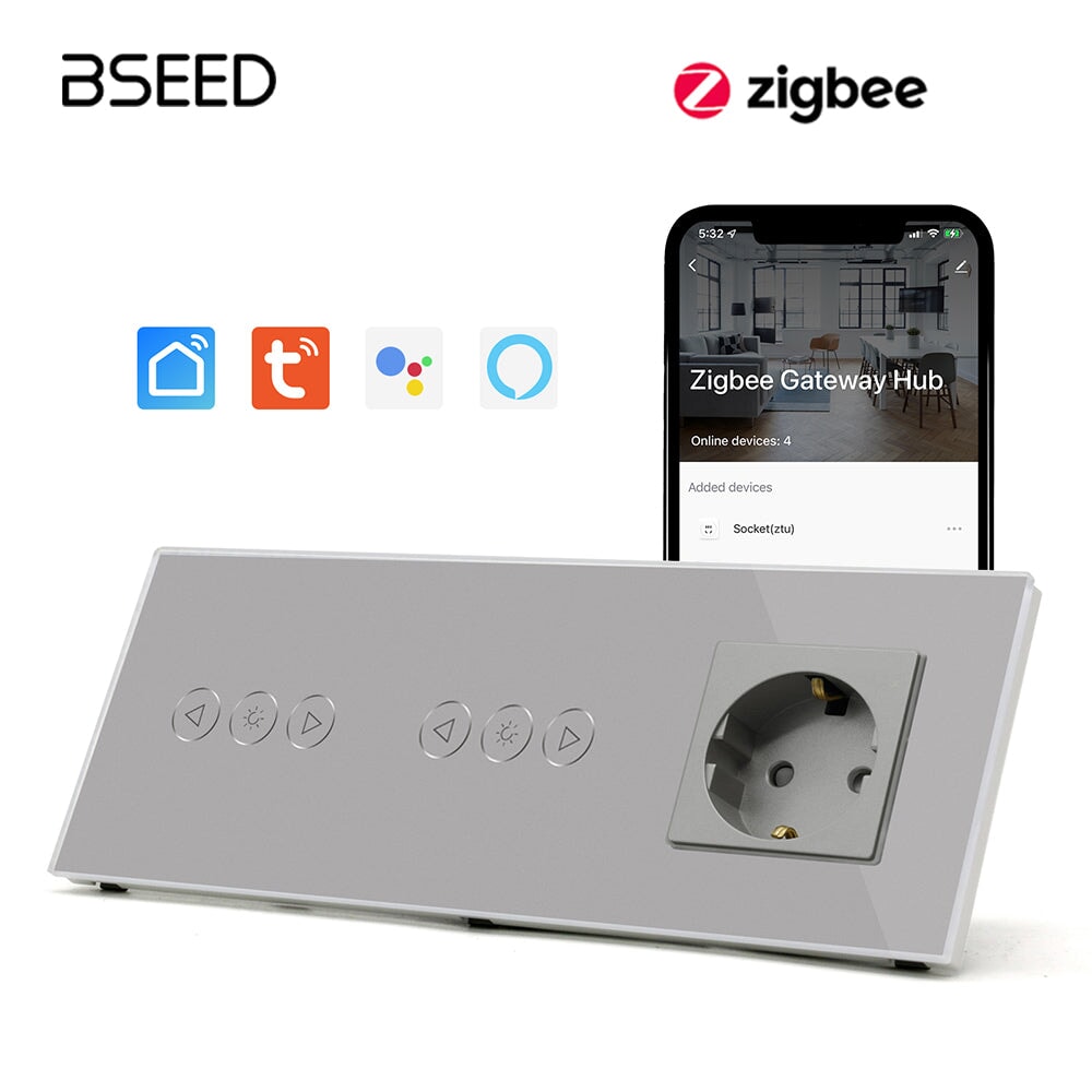 Bseed Double Zigbee Dimmer Switches With EU Standard Not Smart Wall Sockets Light Switches Bseedswitch Grey 