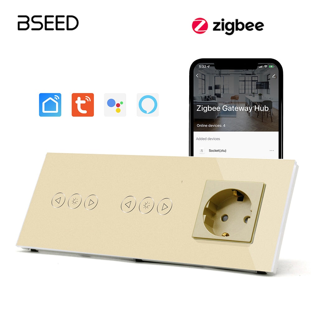 Bseed Double Zigbee Dimmer Switches With EU Standard Not Smart Wall Sockets Light Switches Bseedswitch Gold 