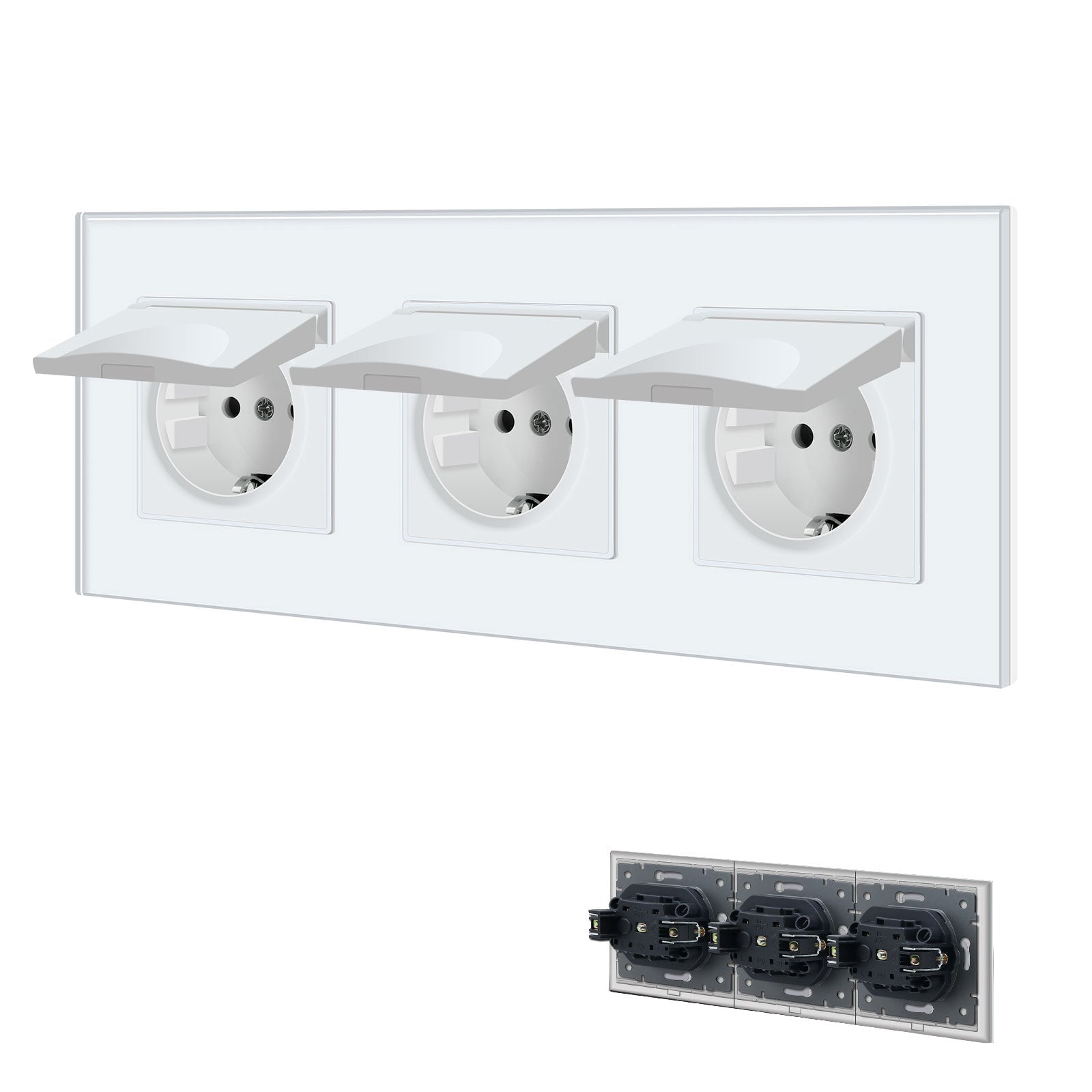 Bseed Waterproof Socket EU Standard Glass Panel with clamping technology Power Outlets & Sockets Bseedswitch White Triple 