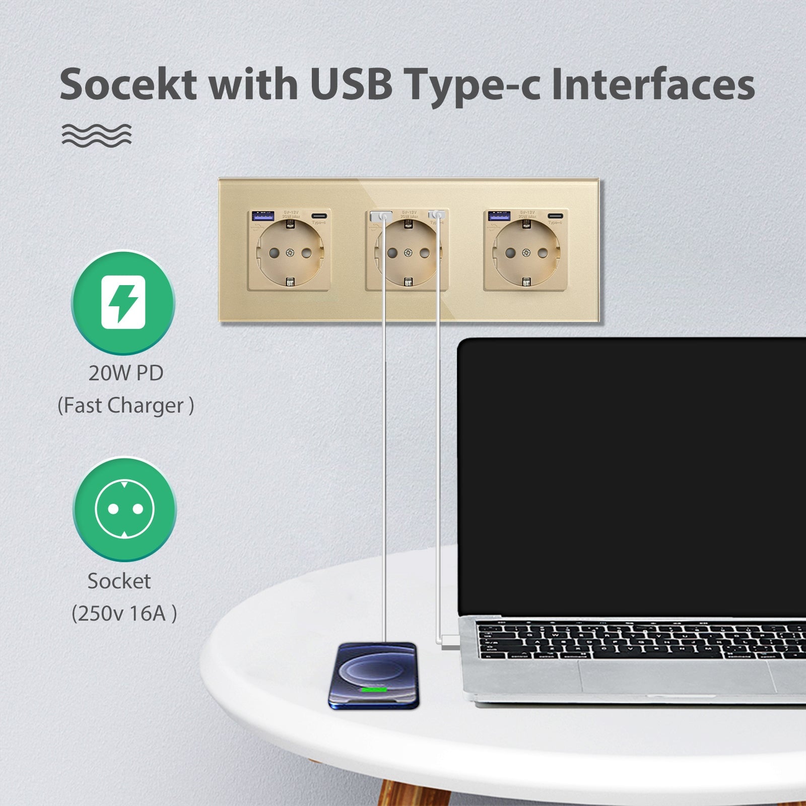 BSEED EU sockets with 20W PD Fast Charge Type-C Interface Outlet Wall Socket Power Outlets & Sockets Bseedswitch 