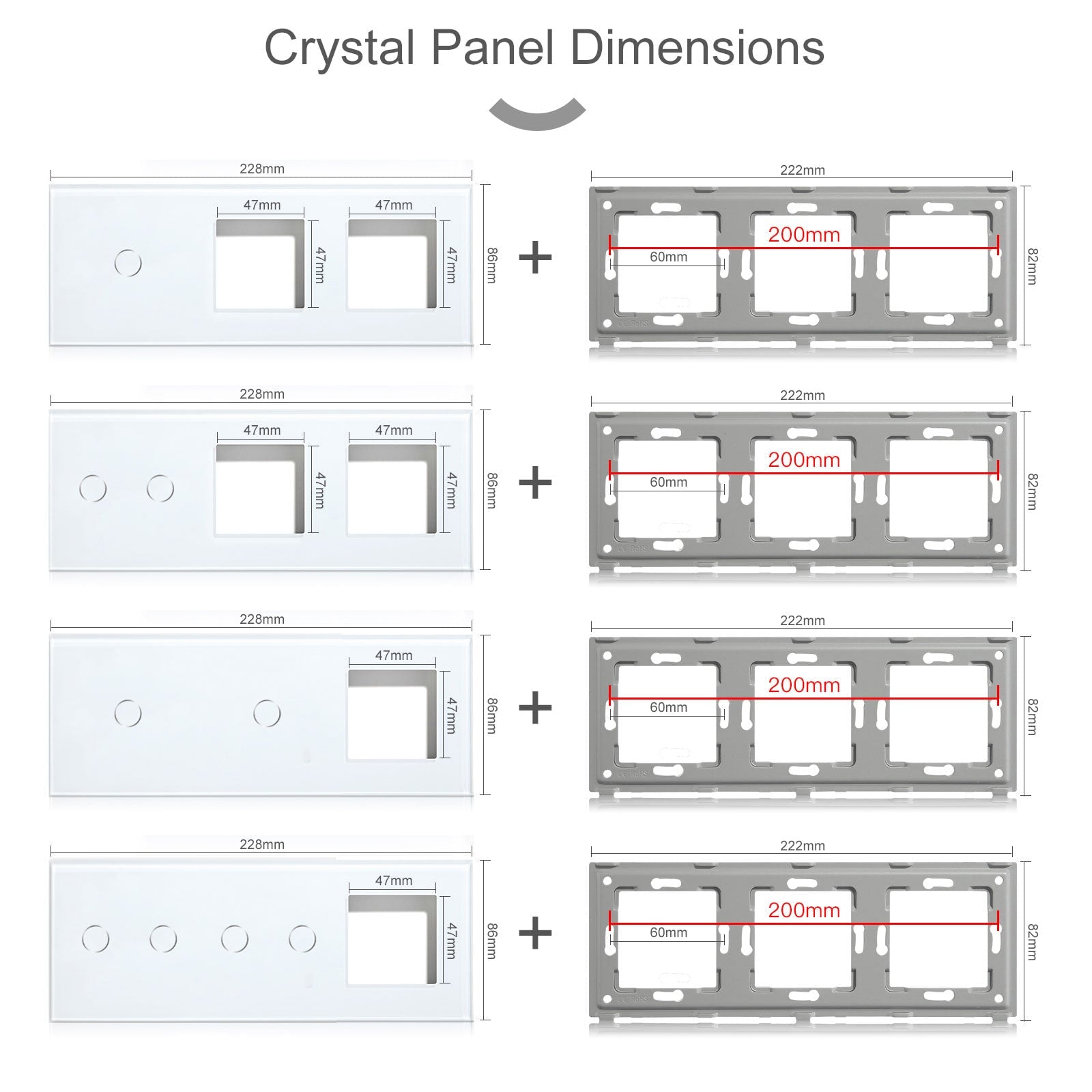 Bseed Panel with Double Frame Crystal Glass 1/2/3 Gang with Slots Bseedswitch 