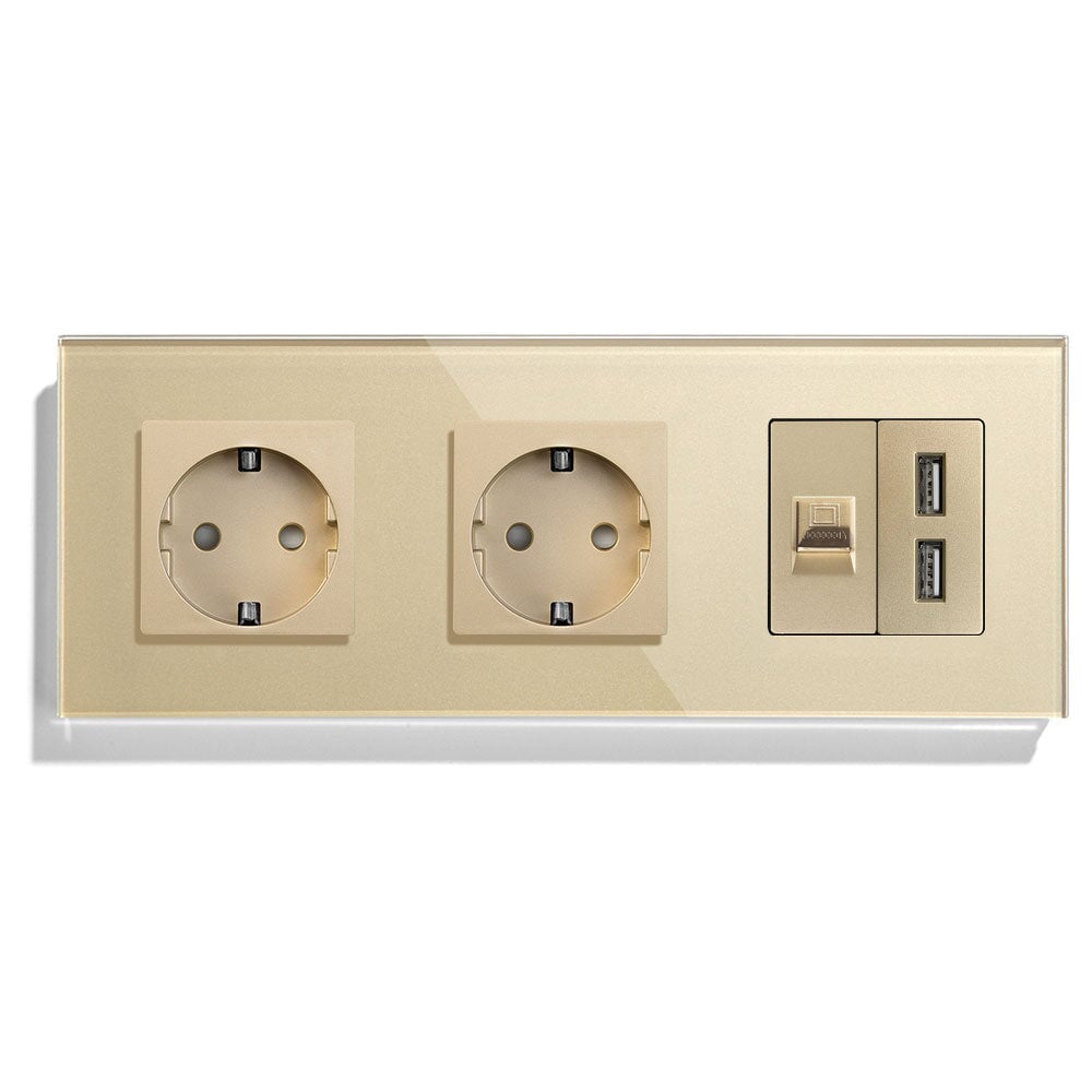 BSEED EU Socket With CAT5 And Double USB Power Outlets & Sockets Bseedswitch Gold 228mm 