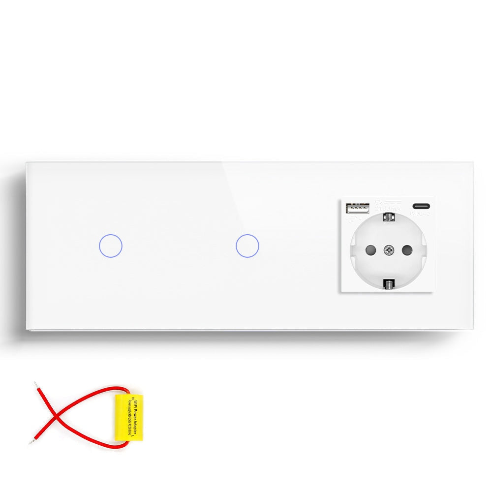 BSEED Double No Neutral Wifi Light Switch with Eu socket type-c Plug 2.1A 228mm Light Switches Bseedswitch 