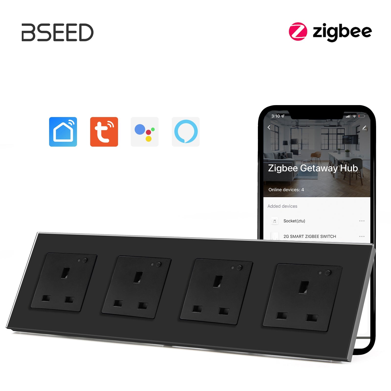 BSEED ZigBee UK Wall Sockets Power Outlets Kids Protection Wall Plates & Covers Bseedswitch black Quadruple 