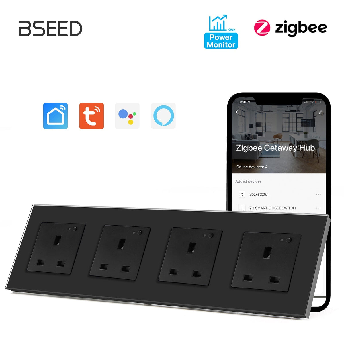 BSEED ZigBee UK Wall Sockets Power Outlets Kids Protection with metering Wall Plates & Covers Bseedswitch black Quadruple 