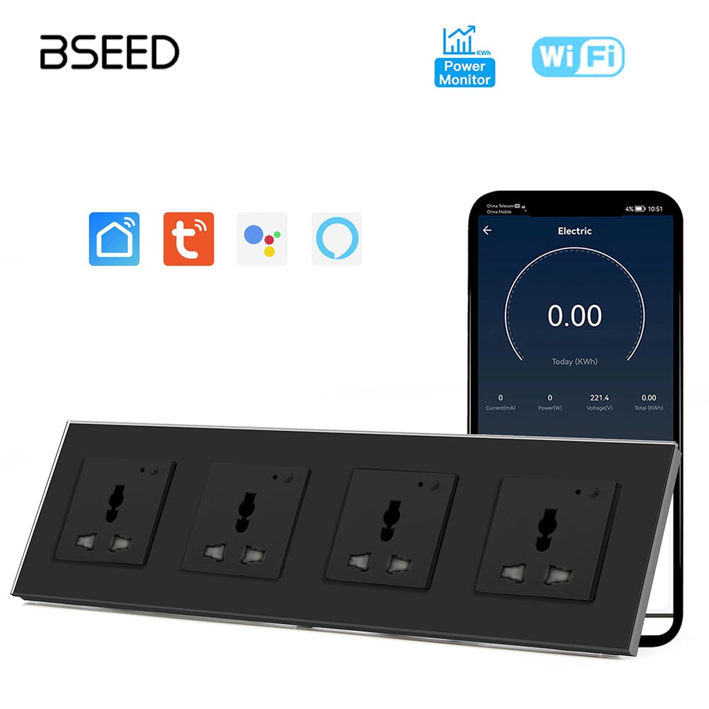 BSEED Smart WiFi Multi-Function Wall Sockets with Energy monitoring Bseedswitch Black Quadruple 