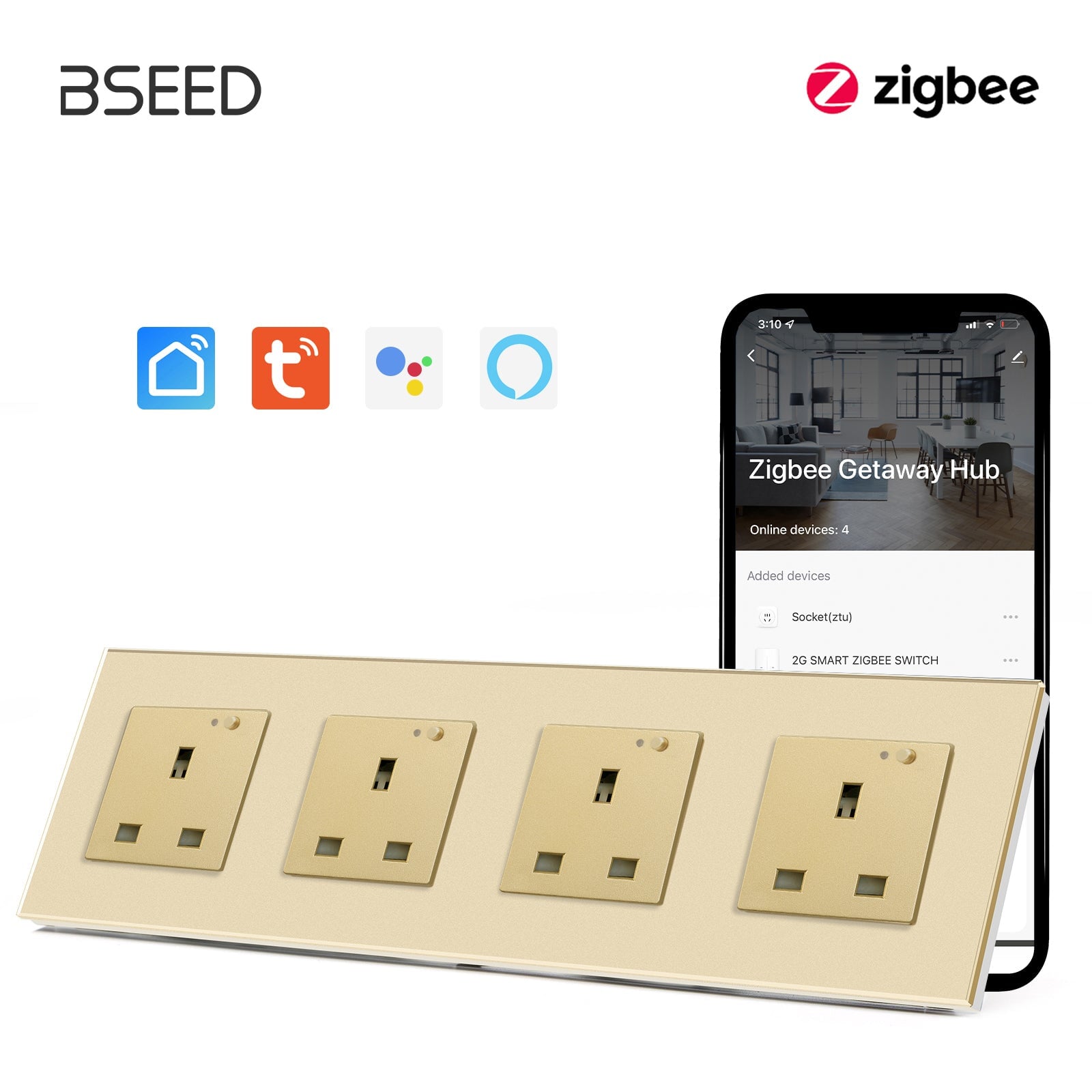 BSEED ZigBee UK Wall Sockets Power Outlets Kids Protection Wall Plates & Covers Bseedswitch golden Quadruple 