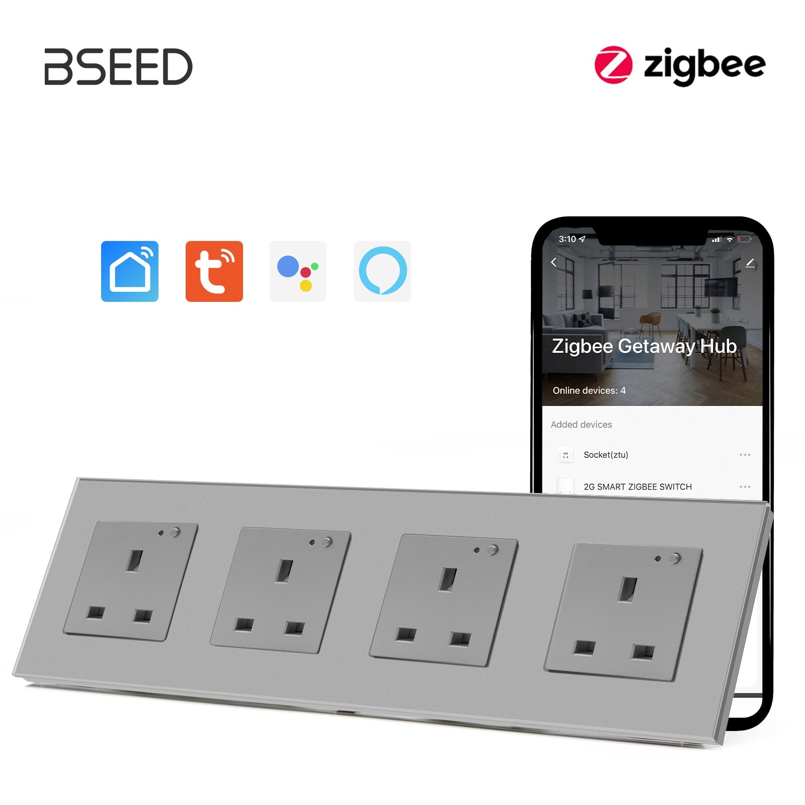 BSEED ZigBee UK Wall Sockets Power Outlets Kids Protection Wall Plates & Covers Bseedswitch grey Quadruple 