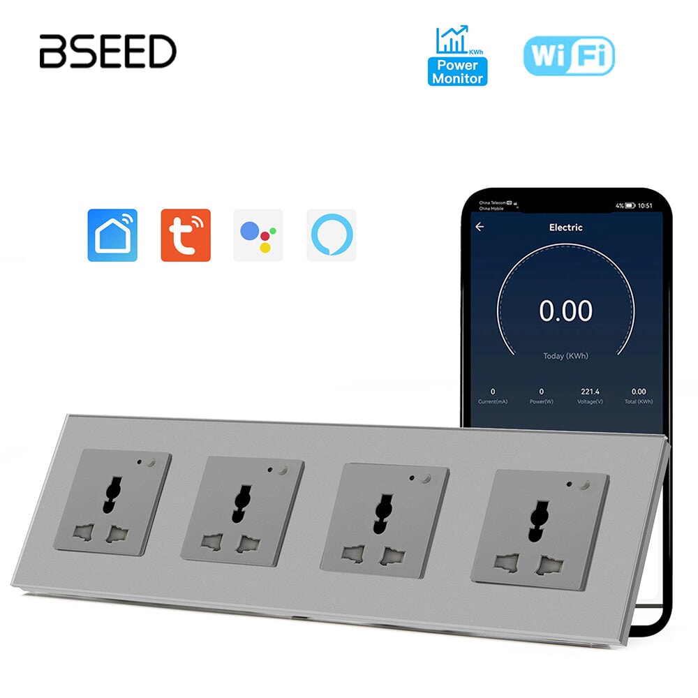 BSEED Smart WiFi Multi-Function Wall Sockets with Energy monitoring Bseedswitch Grey Quadruple 