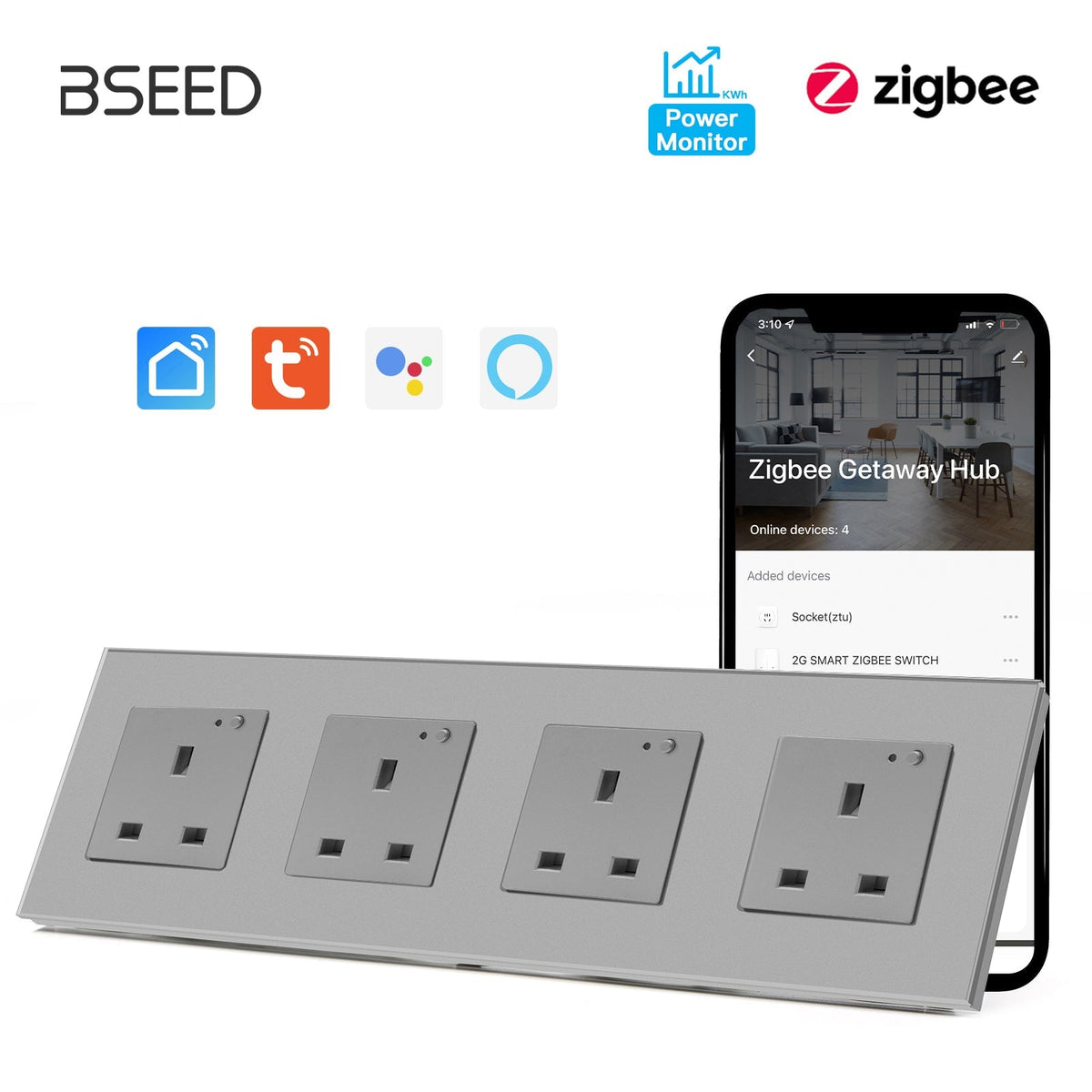 BSEED ZigBee UK Wall Sockets Power Outlets Kids Protection with metering Wall Plates & Covers Bseedswitch grey Quadruple 