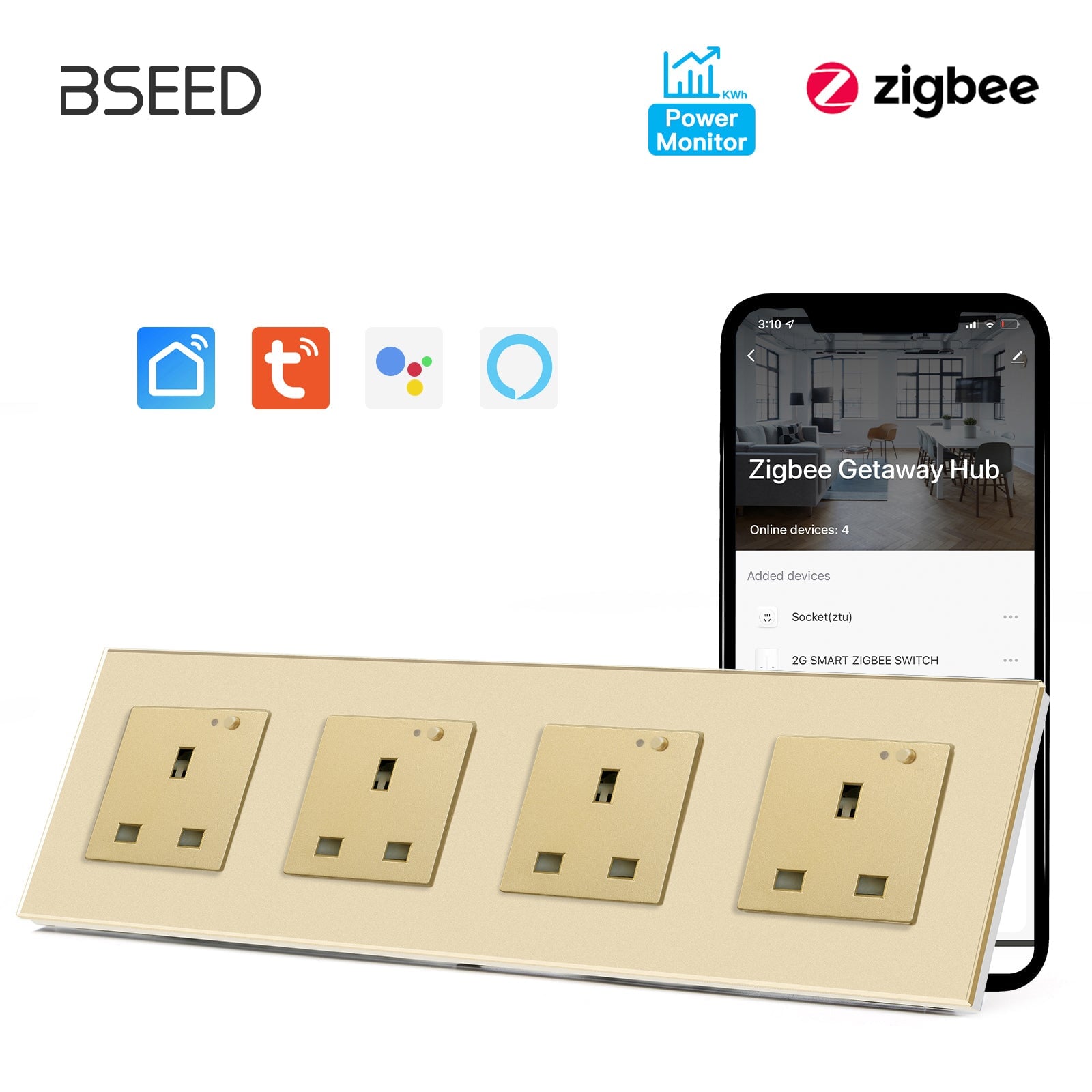 BSEED ZigBee UK Wall Sockets Power Outlets Kids Protection with metering Wall Plates & Covers Bseedswitch golden Quadruple 