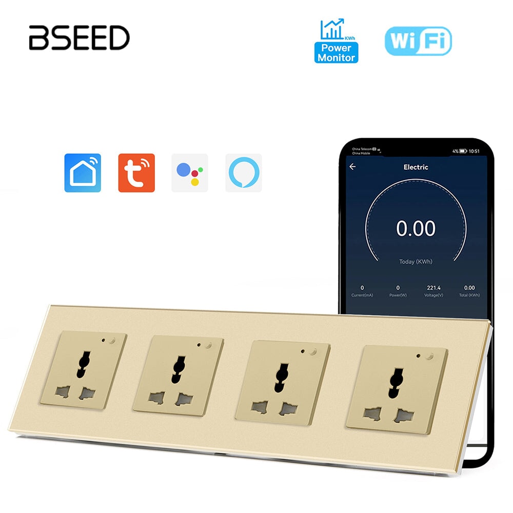 BSEED Smart WiFi Multi-Function Wall Sockets with Energy monitoring Bseedswitch Golden Quadruple 