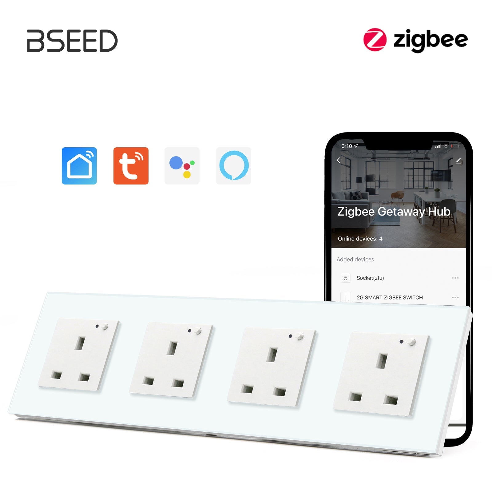 BSEED ZigBee UK Wall Sockets Power Outlets Kids Protection Wall Plates & Covers Bseedswitch white Quadruple 