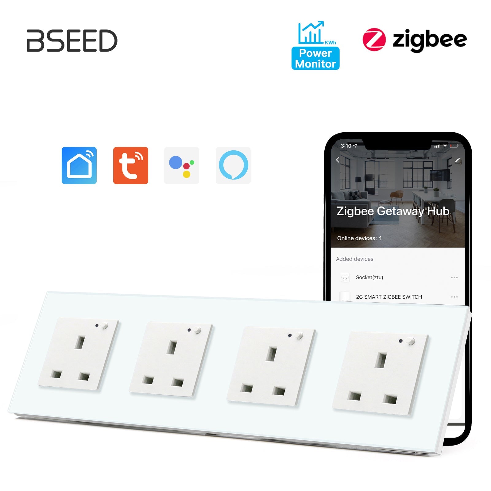 BSEED ZigBee UK Wall Sockets Power Outlets Kids Protection with metering Wall Plates & Covers Bseedswitch white Quadruple 