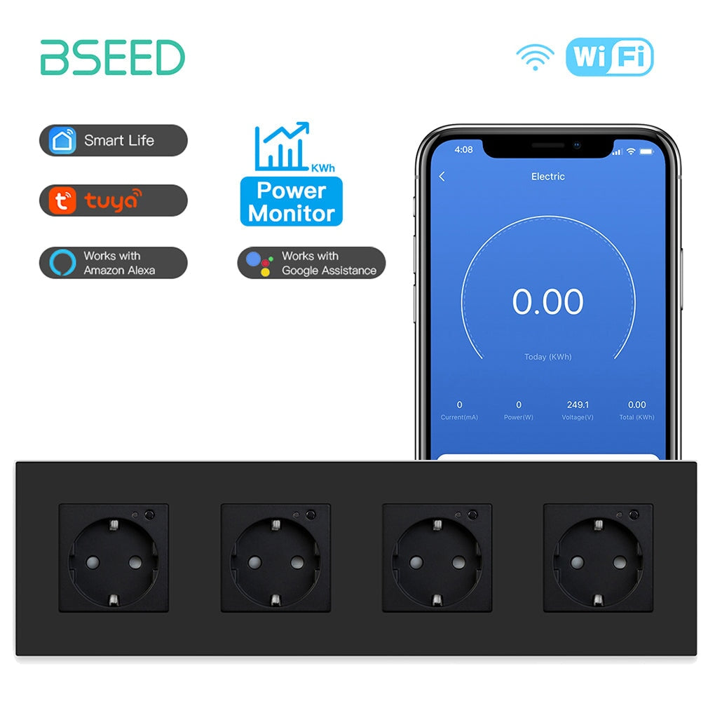 Bseed Wifi EU Wall Sockets With Energy Monitoring PC Panel Power Outlets & Sockets Bseedswitch Black Quadruple 