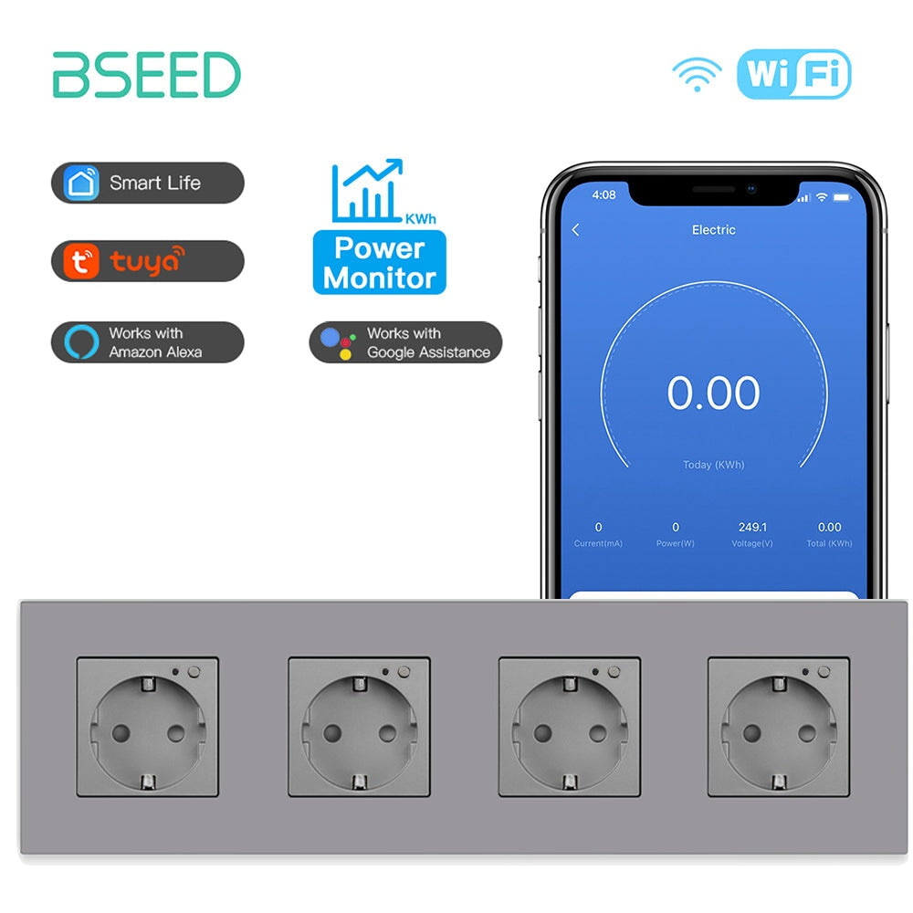 Bseed Wifi EU Wall Sockets With Energy Monitoring PC Panel Power Outlets & Sockets Bseedswitch Grey Quadruple 