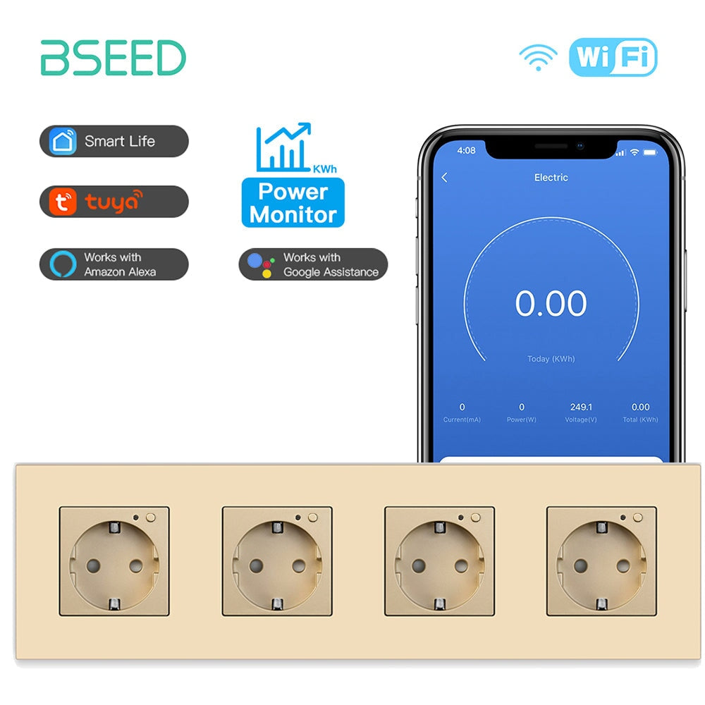 Bseed Wifi EU Wall Sockets With Energy Monitoring PC Panel Power Outlets & Sockets Bseedswitch Golden Quadruple 