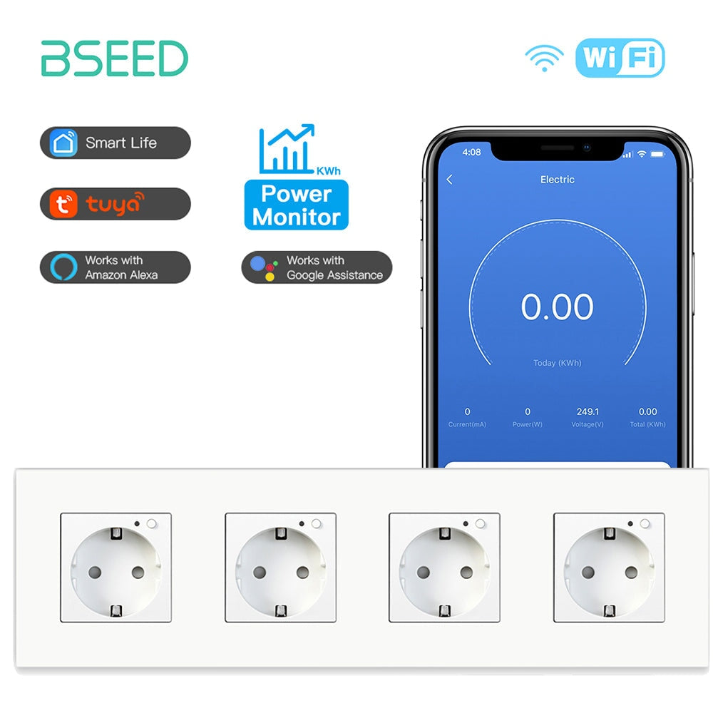 Bseed Wifi EU Wall Sockets With Energy Monitoring PC Panel Power Outlets & Sockets Bseedswitch White Quadruple 