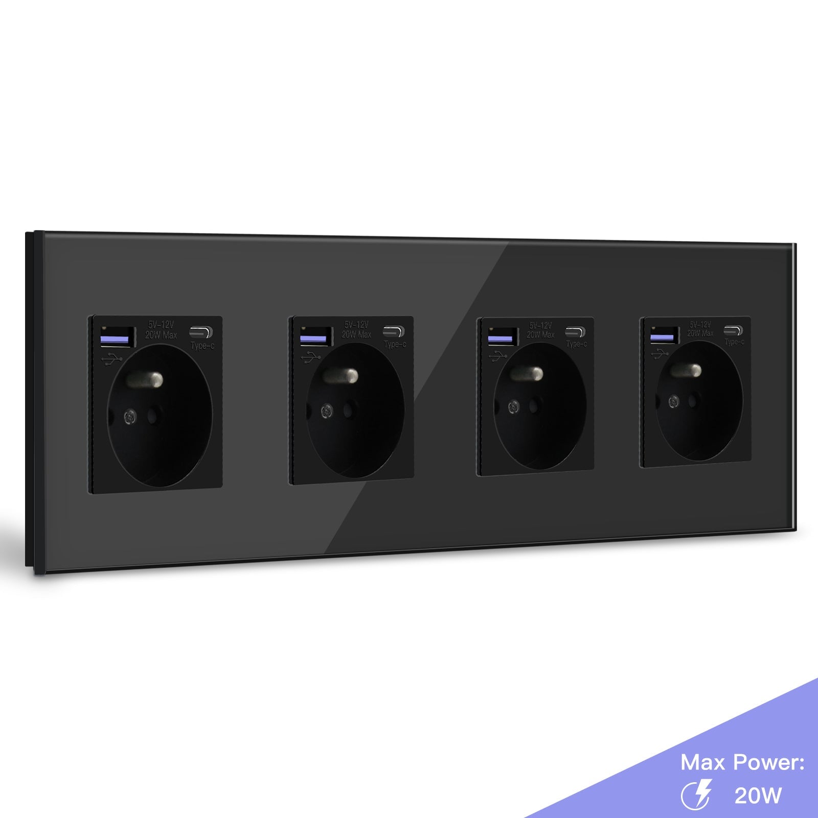 BSEED FR sockets with 20W PD Fast Charge Type-C Interface Outlet Wall Socket Power Outlets & Sockets Bseedswitch Black Quadruple 