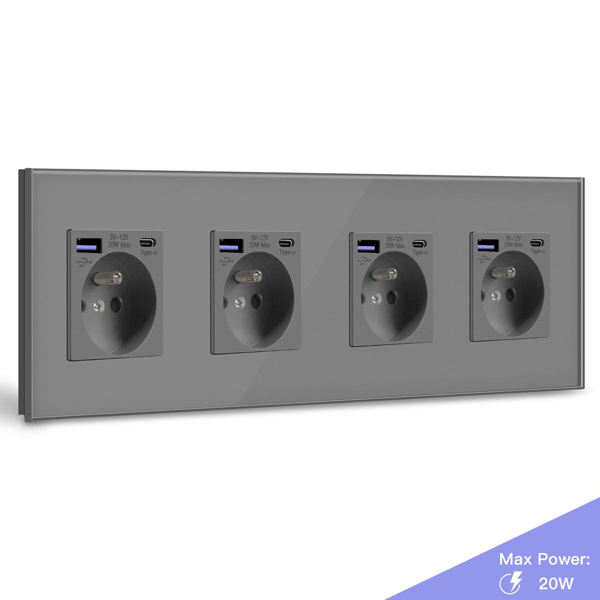 BSEED FR sockets with 20W PD Fast Charge Type-C Interface Outlet Wall Socket Power Outlets & Sockets Bseedswitch Grey Quadruple 