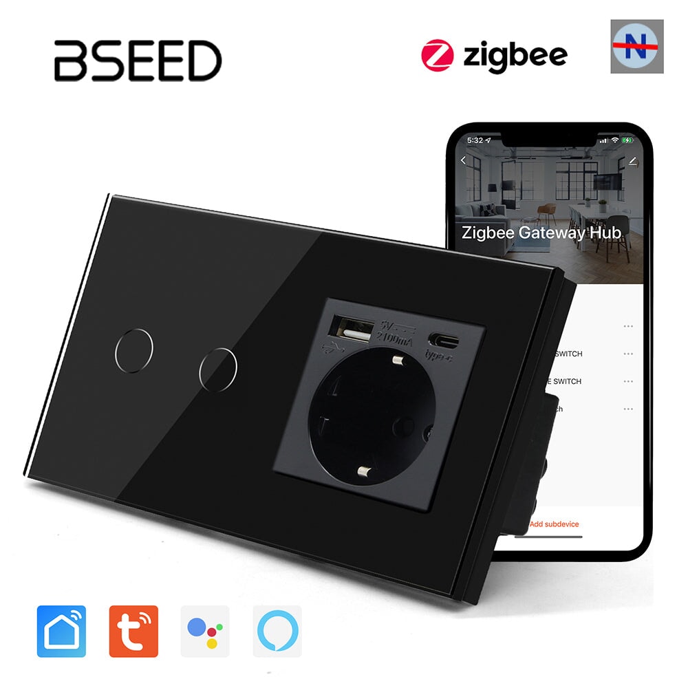 BSEED Tuya No Neutral Line Zigbee Smart Sensor Switch 1/2/3Gang Plus EU Wall Socket With Type-C USB Electric Plug Smart Life Alexa APP Control Need Gateway Power Outlets & Sockets Bseedswitch Black 2Gang 