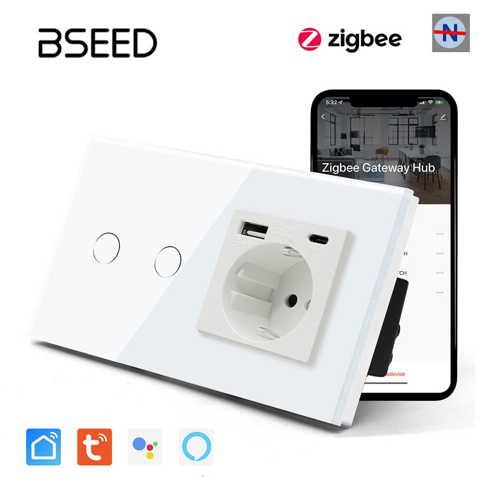 BSEED Tuya No Neutral Line Zigbee Smart Sensor Switch 1/2/3Gang Plus EU Wall Socket With Type-C USB Electric Plug Smart Life Alexa APP Control Need Gateway Power Outlets & Sockets Bseedswitch White 2Gang 