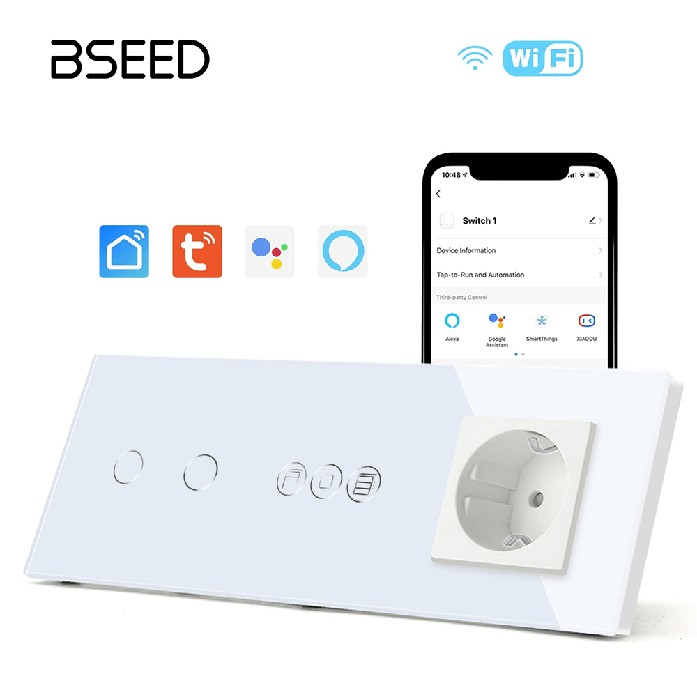 WiFi light switch with roller switch with normal eu socket Light Switches Bseedswitch White 2Gang+shutter switch+eo socket 